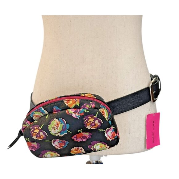 Betsey Johnson Belt Bag Black Pink Floral NWT Medium Large Zipper 7"x5" - Picture 1 of 15